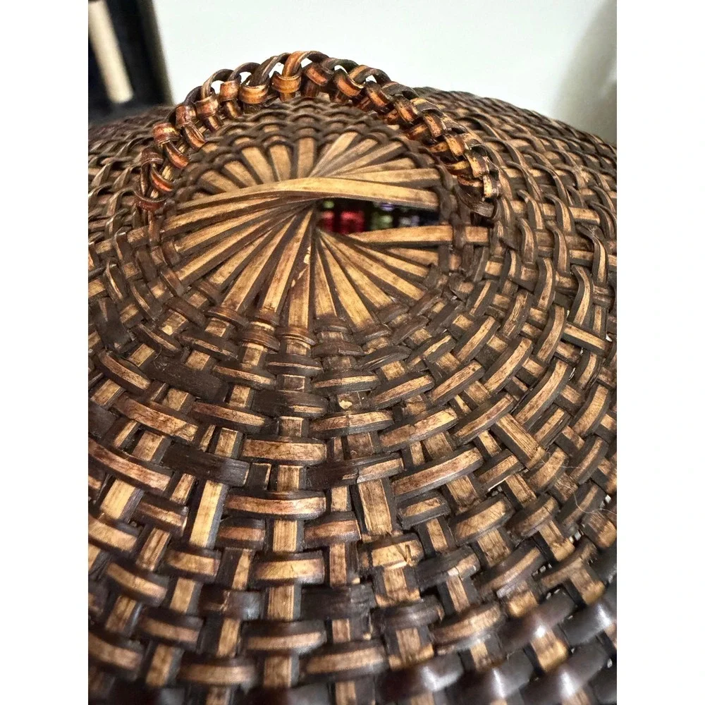 Vintage Hand Woven Bamboo Basket with Lid Dark Brown Boho Decorative Storage 14